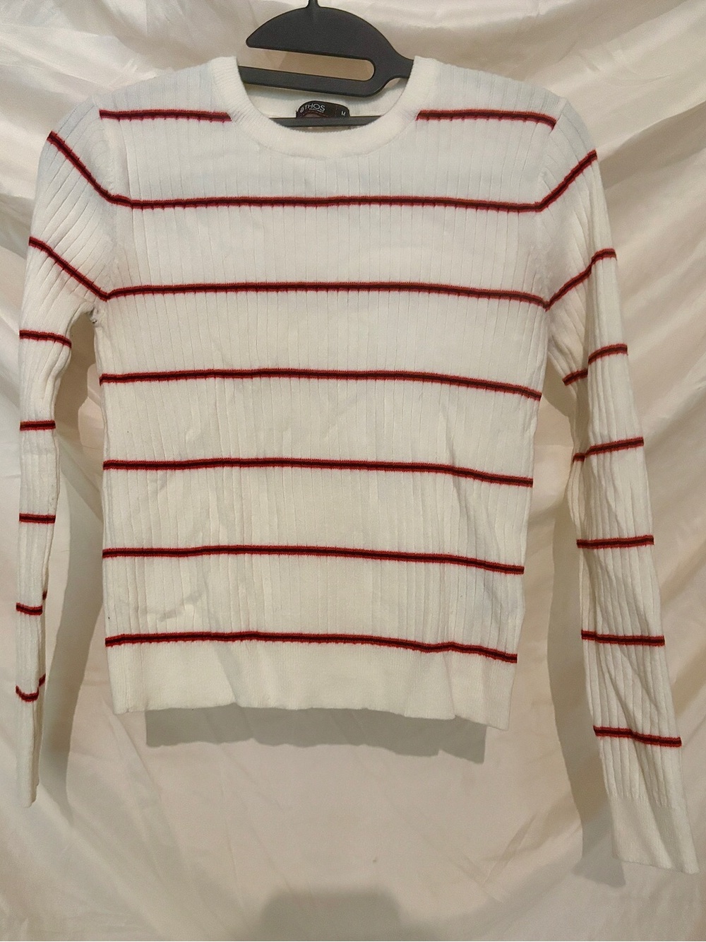 White Crewneck Sweater with Red Black Stripes